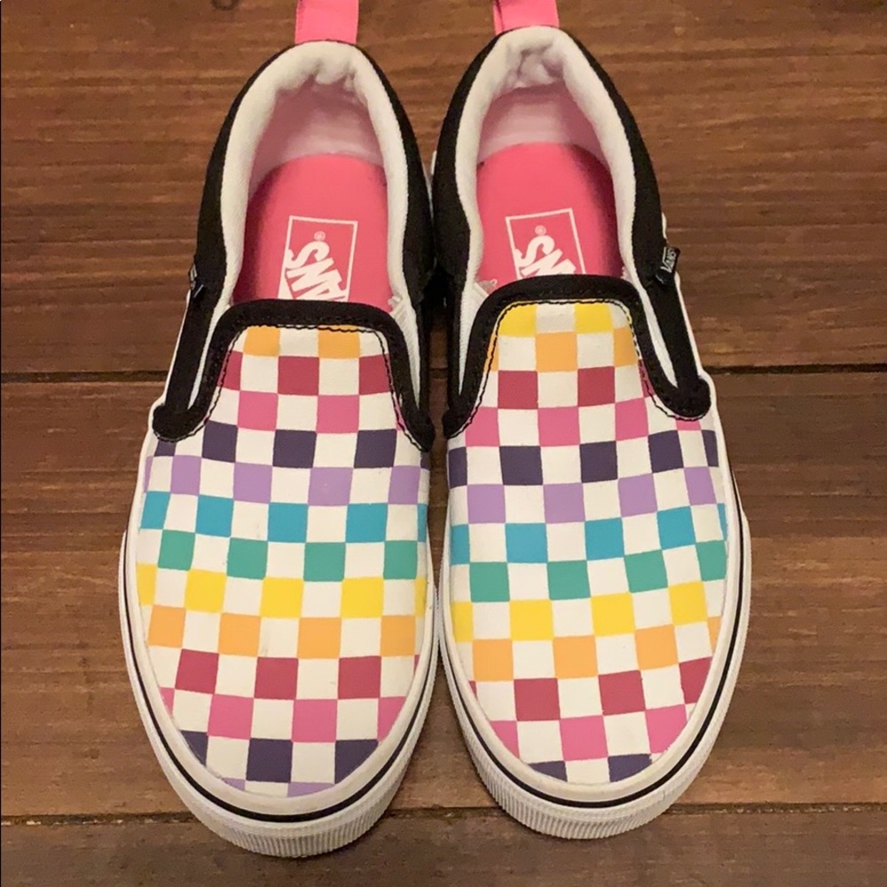 Vans rainbow/black slip ons